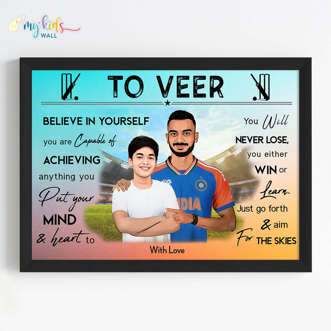 Cricket Champ with Axar Patel Personalized Motivational Portrait (Framed)