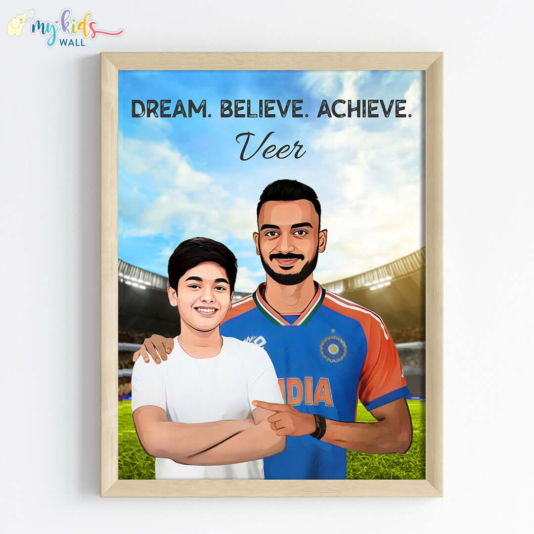 Cricket Champ with Axar Patel Personalized Portrait (Framed)