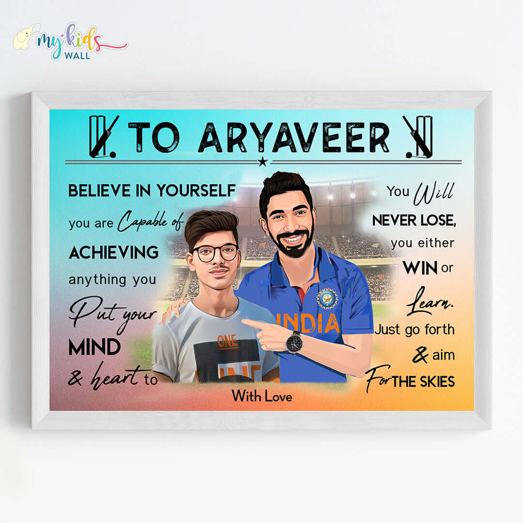 Cricket Champ with Jasprit Bumrah Personalized Motivational Portrait (Framed)