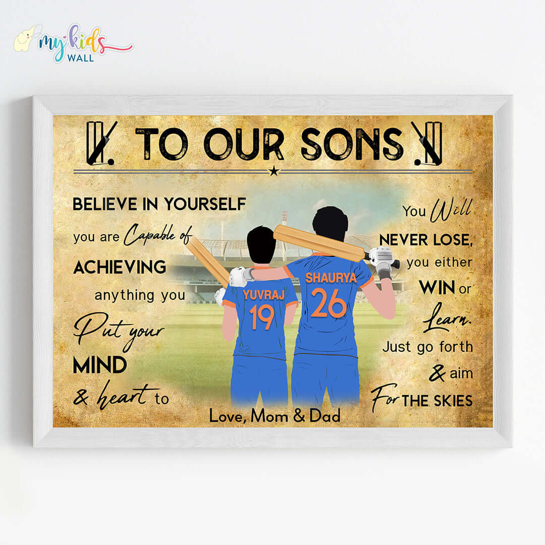 Cricket Player Brothers Personalized Motivational Wall Art (Framed)