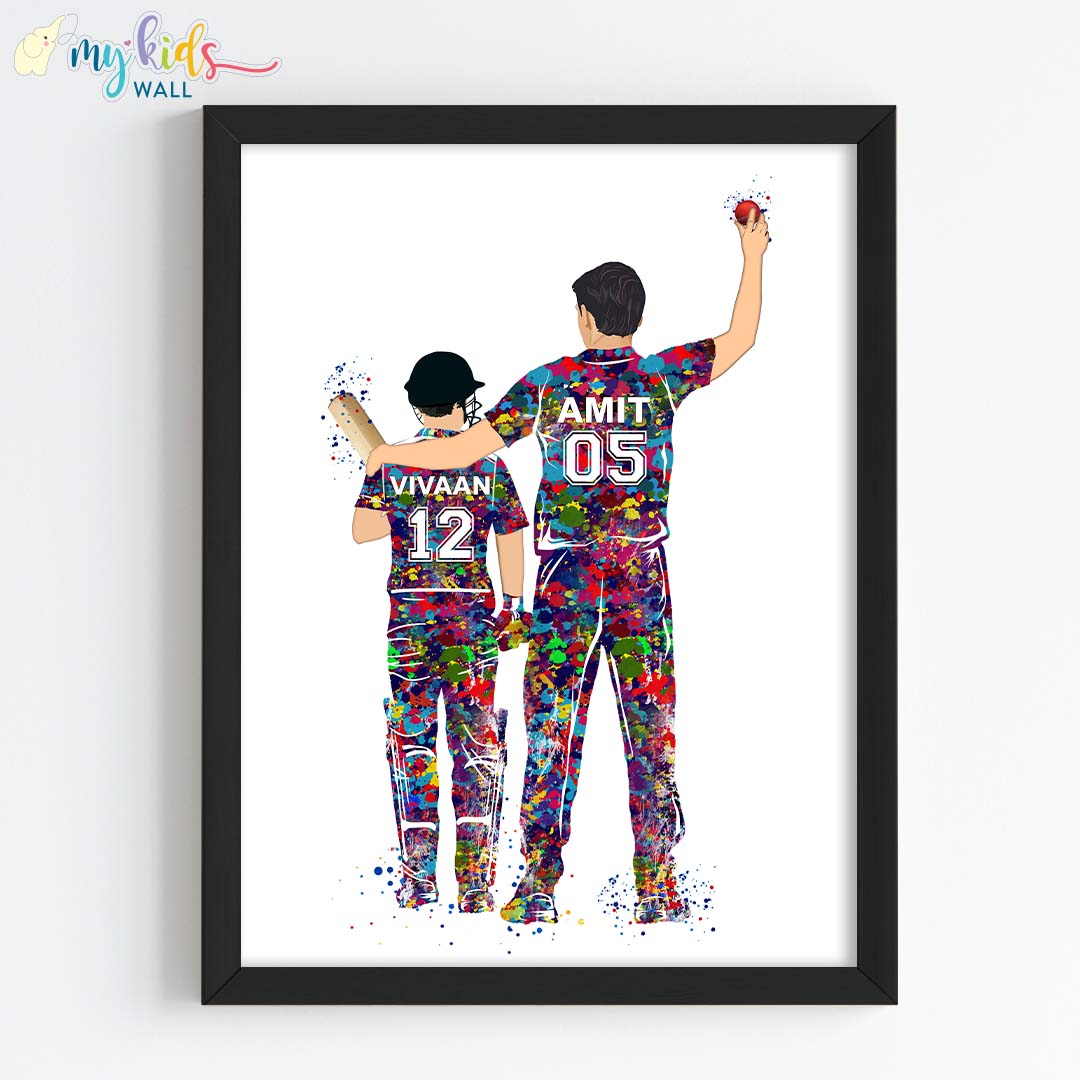 Cricketer Father & Son Personalized Wall Art (Framed)