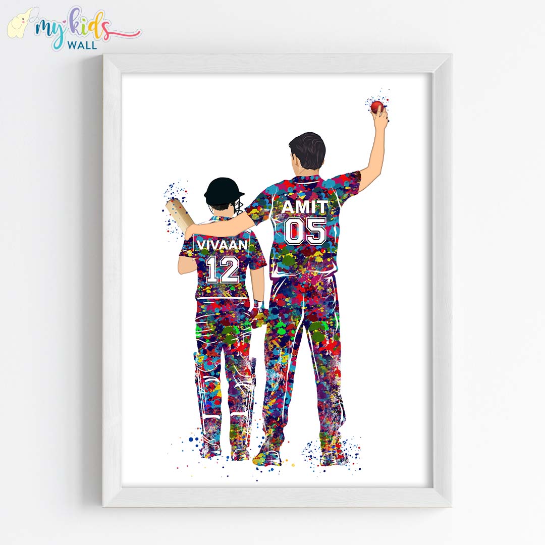 Cricketer Father & Son Personalized Wall Art (Framed)