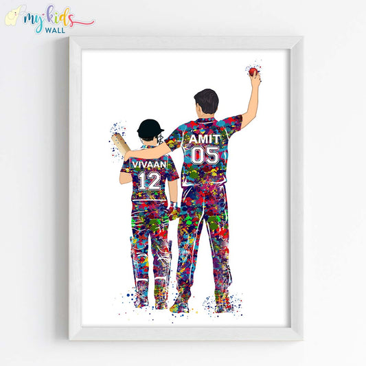 Cricketer Father & Son Personalized Wall Art (Framed)