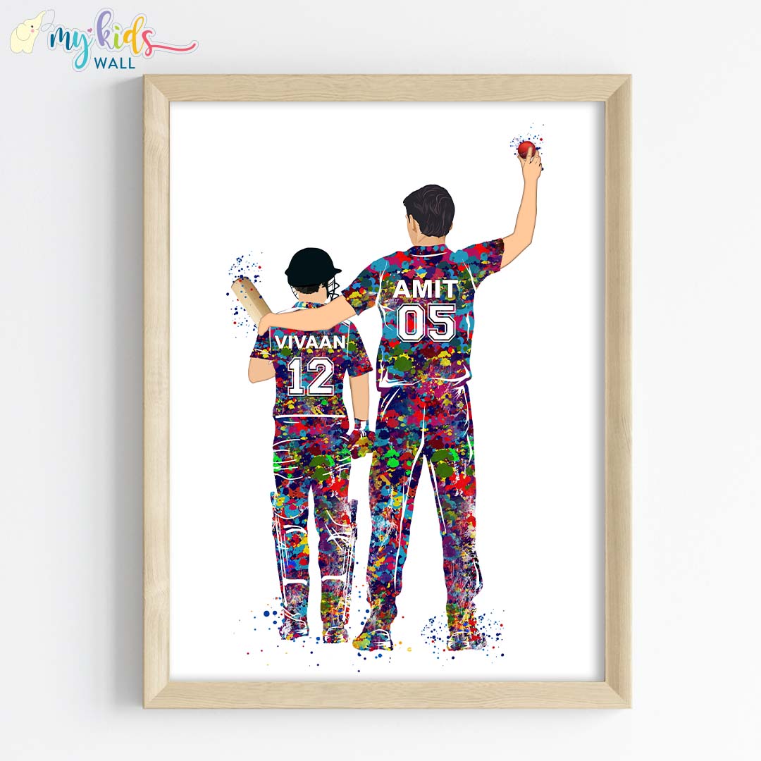 Cricketer Father & Son Personalized Wall Art (Framed)