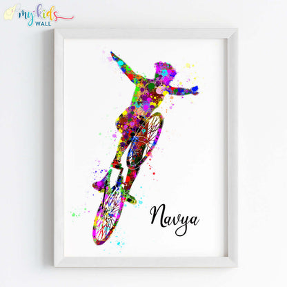 Cyclist Girl Multicolor Personalized Wall Art (Framed)