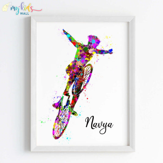 Cyclist Girl Multicolor Personalized Wall Art (Framed)