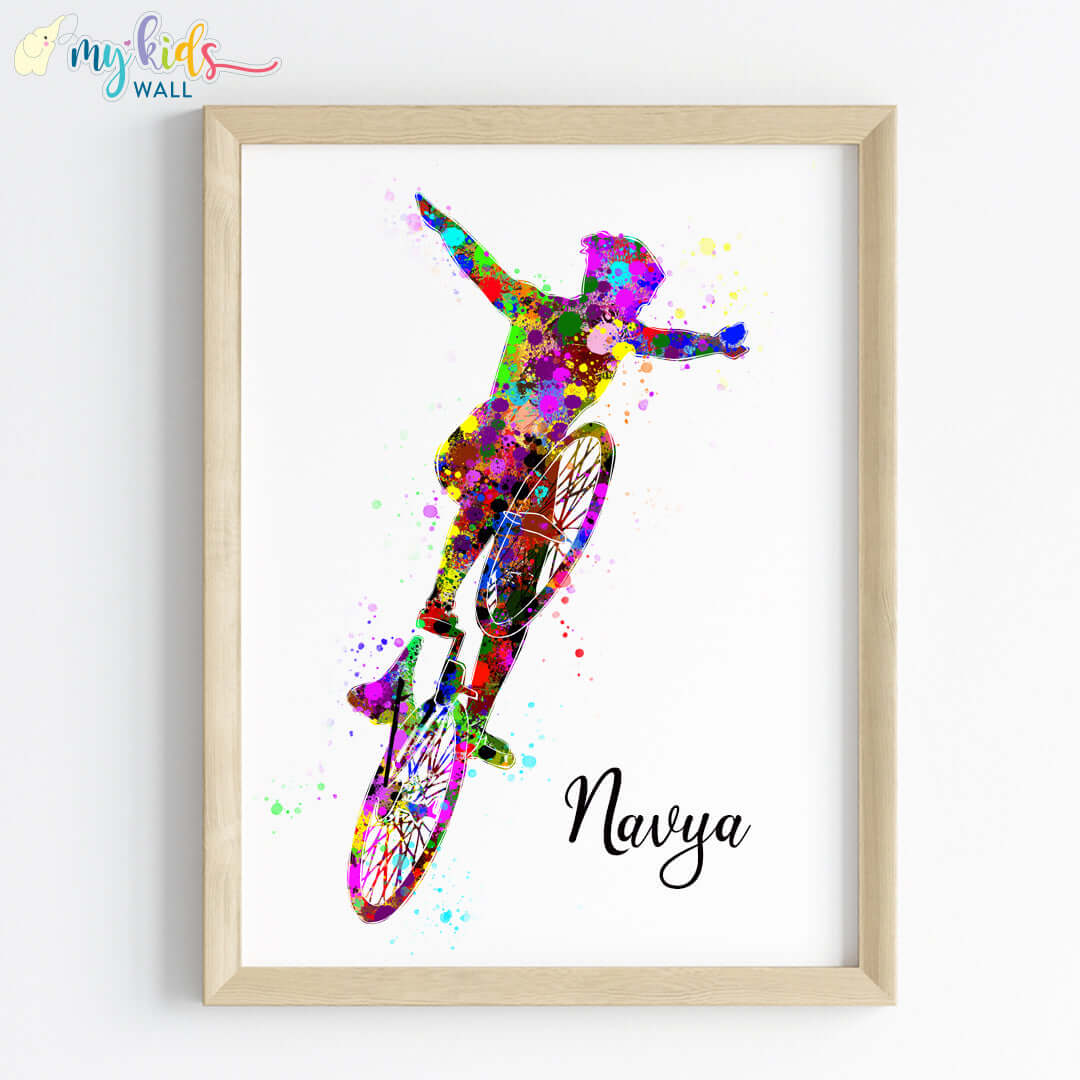 Cyclist Girl Multicolor Personalized Wall Art (Framed)