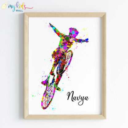 Cyclist Girl Multicolor Personalized Wall Art (Framed)