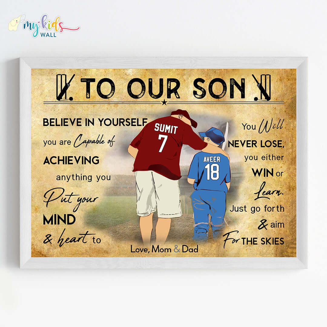 Dad & Son Cricket Personalized Motivational Wall Art (Framed) New