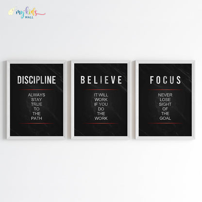Discipline, Believe & Focus Motivational Wall Art (Framed Set of 3)