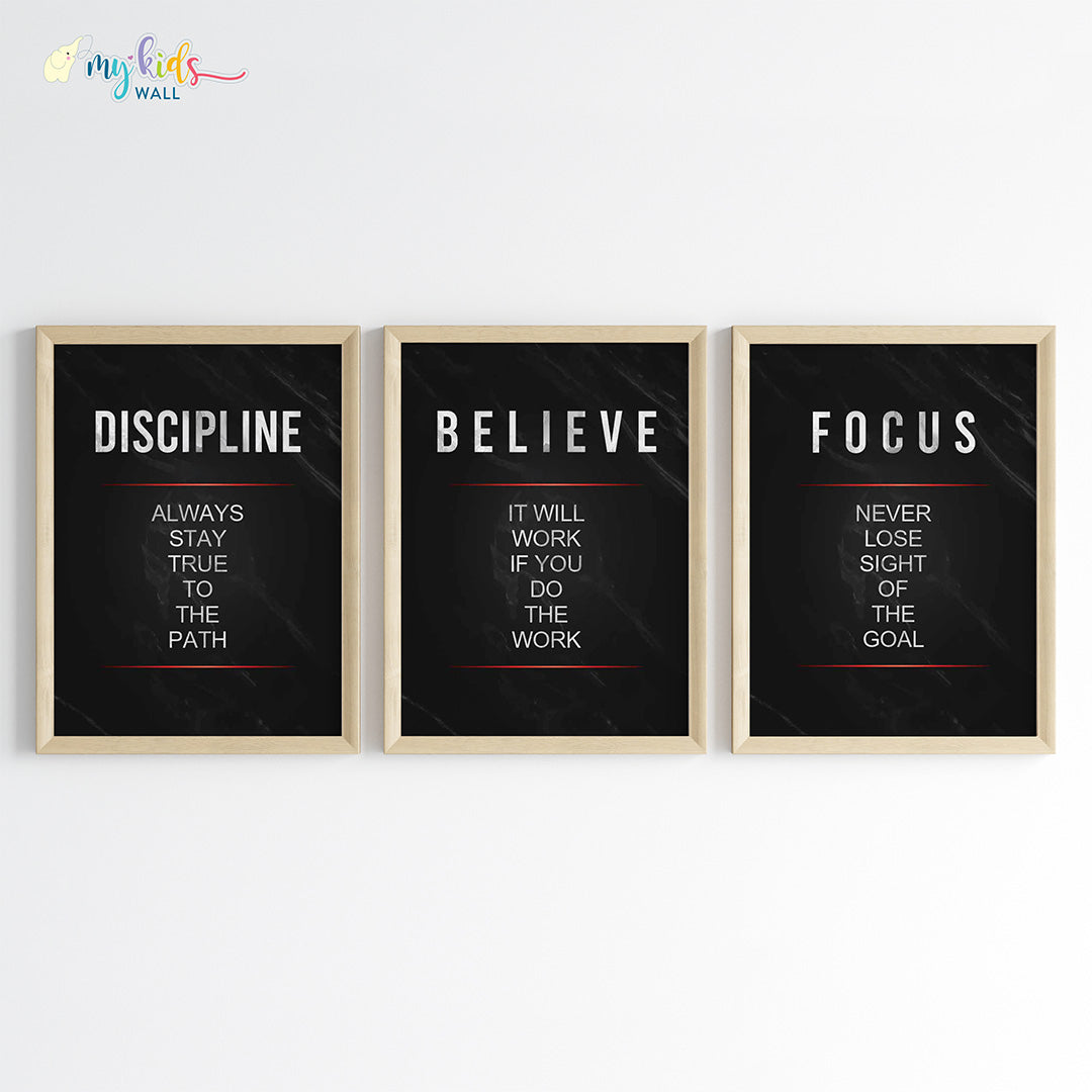 Discipline, Believe & Focus Motivational Wall Art (Framed Set of 3)