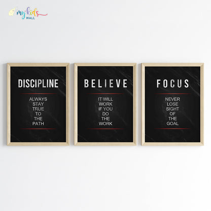 Discipline, Believe & Focus Motivational Wall Art (Framed Set of 3)
