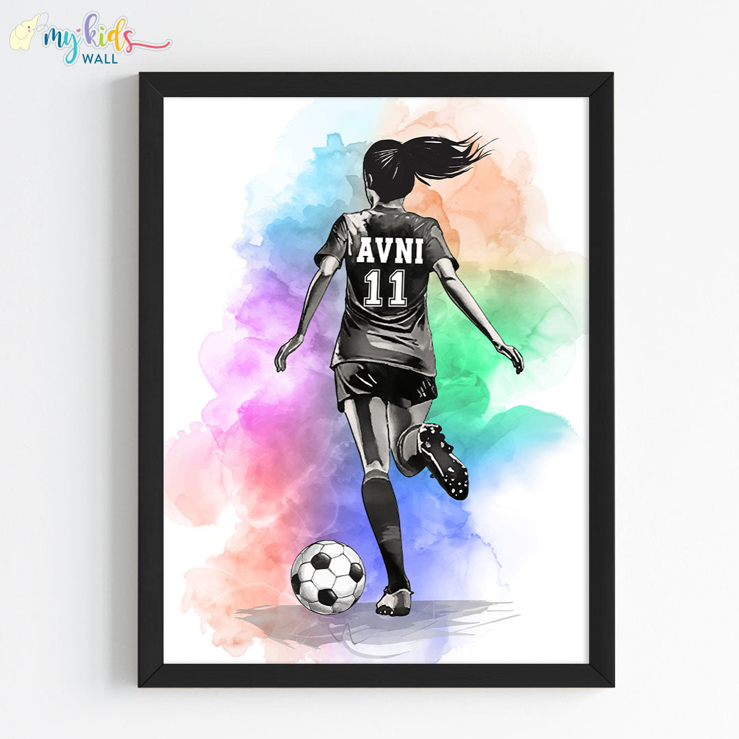 Football Player Girl Multicolor Personalised Wall Art (Framed)