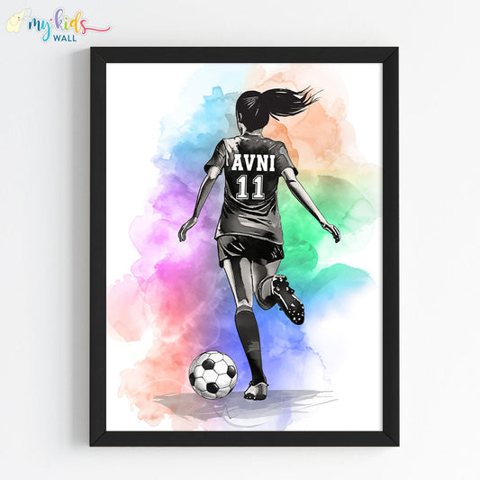 Football Player Girl Multicolor Personalised Wall Art (Framed)