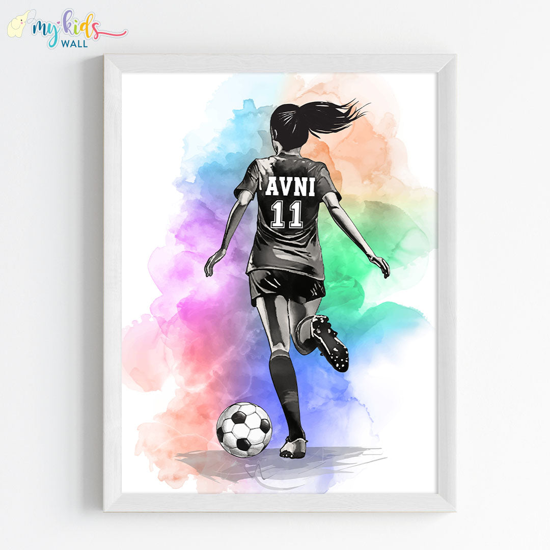 Football Player Girl Multicolor Personalised Wall Art (Framed)