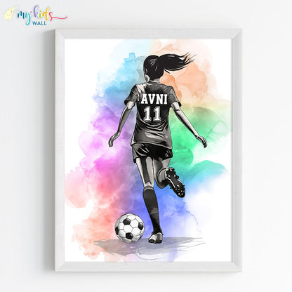 Football Player Girl Multicolor Personalised Wall Art (Framed)