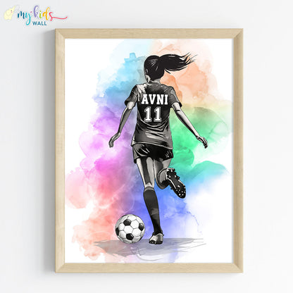Football Player Girl Multicolor Personalised Wall Art (Framed)