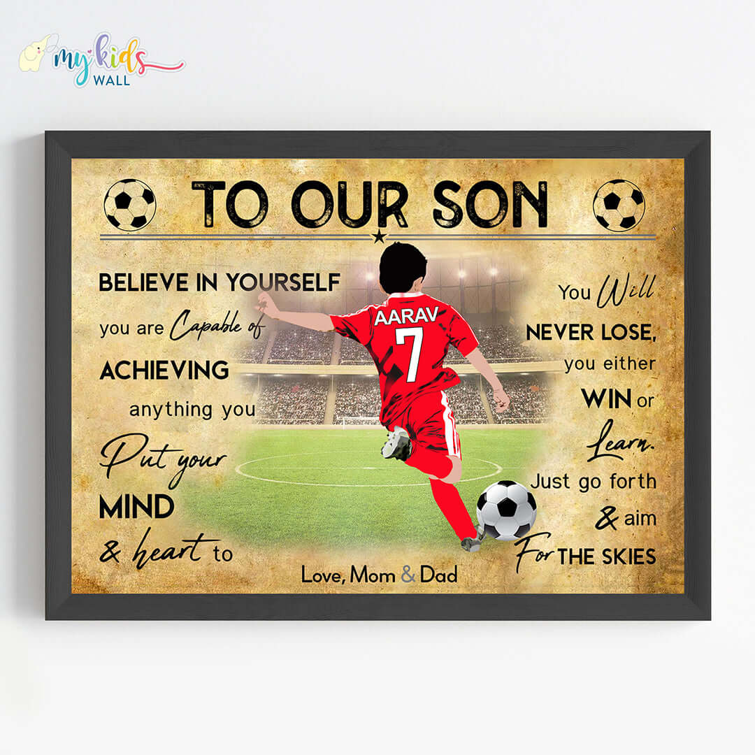 Football Player Boy Free Kick Personalized Motivational Wall Art (Framed)