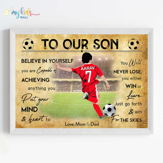 Football Player Boy Free Kick Personalized Motivational Wall Art (Framed)