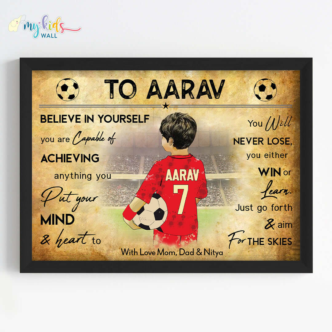 Football Player Boy Personalized Motivational Wall Art (Framed)