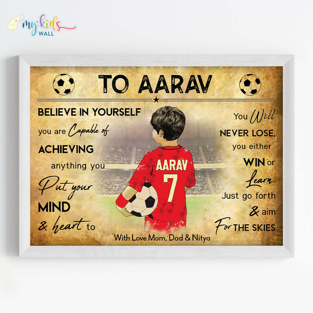 Football Player Boy Personalized Motivational Wall Art (Framed)