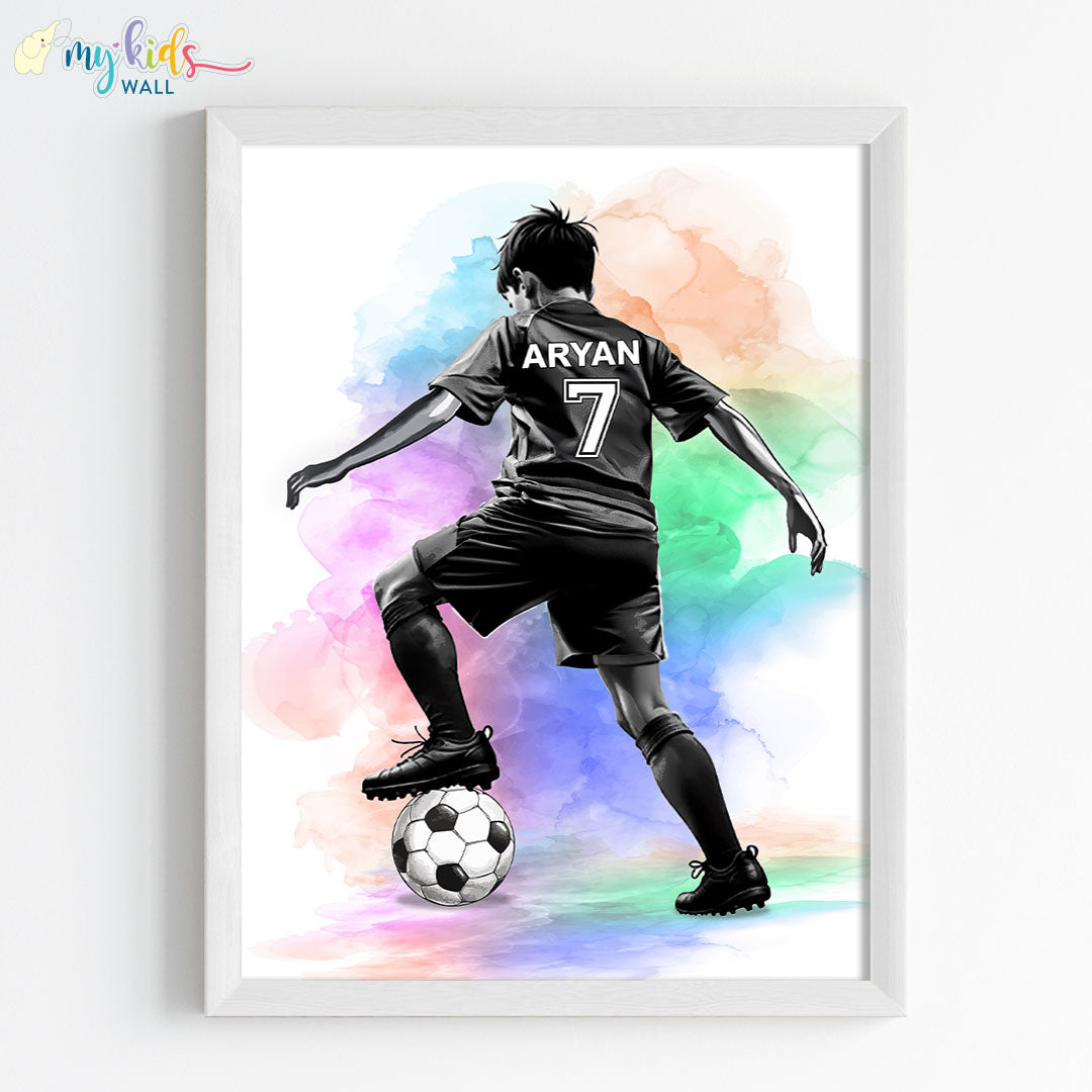 Football Player Kid Watercolor Personalized Wall Art (Framed)
