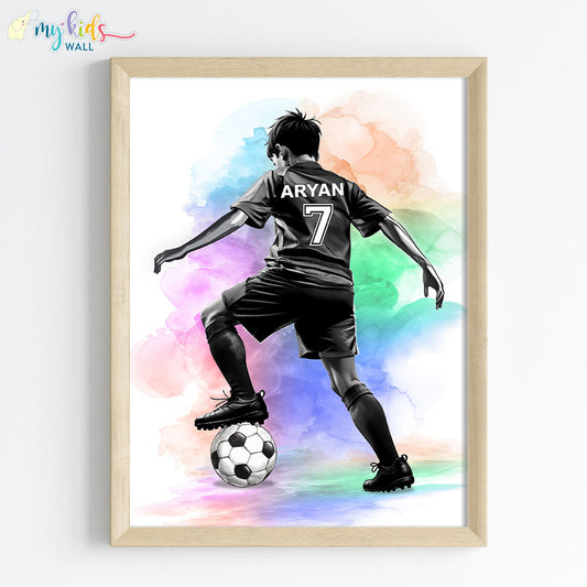 Football Player Kid Watercolor Personalized Wall Art (Framed)