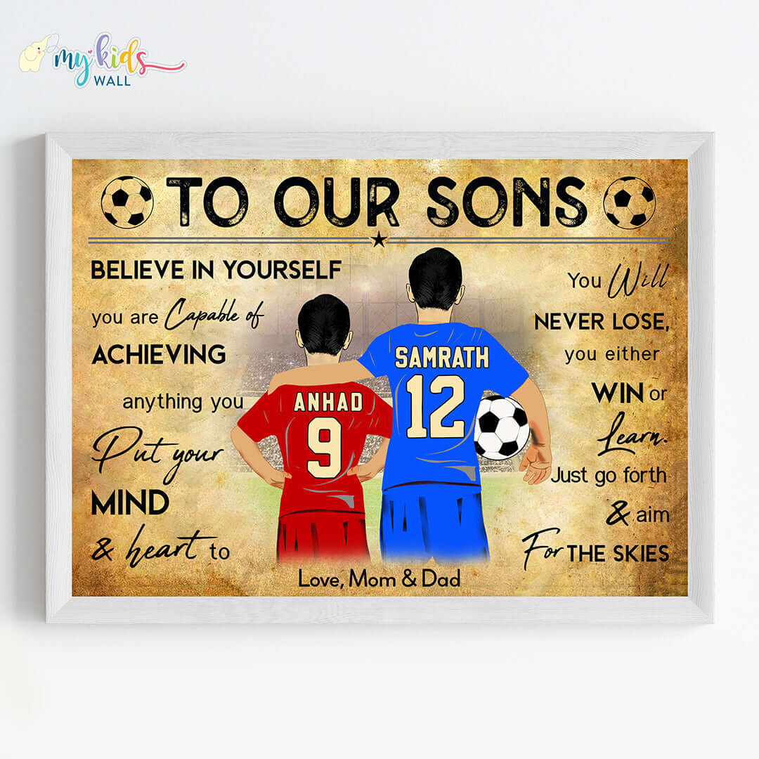 Football Player Sibling Brothers Personalized Motivational Wall Art (Framed)