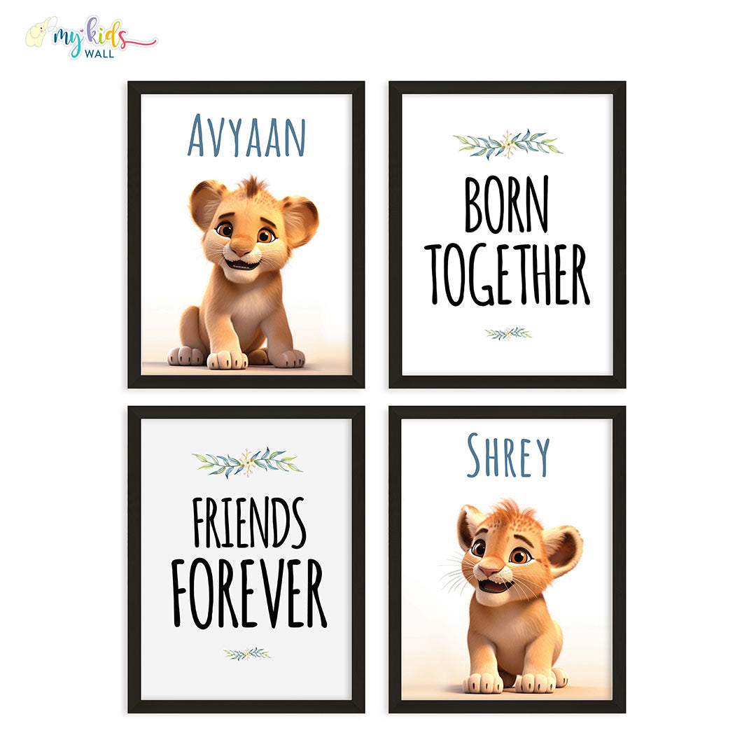 Born Together Friends Forever Twin Cubs Personalized Wall Art (Framed Set of 4)
