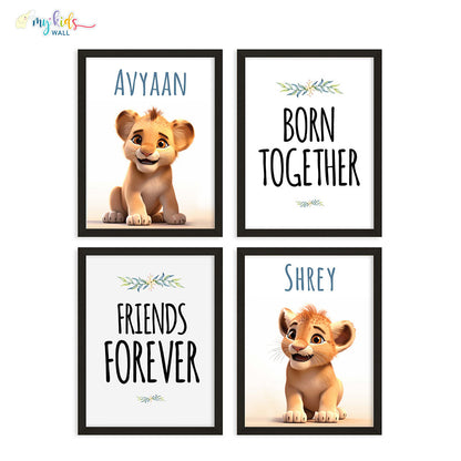 Born Together Friends Forever Twin Cubs Personalized Wall Art (Framed Set of 4)