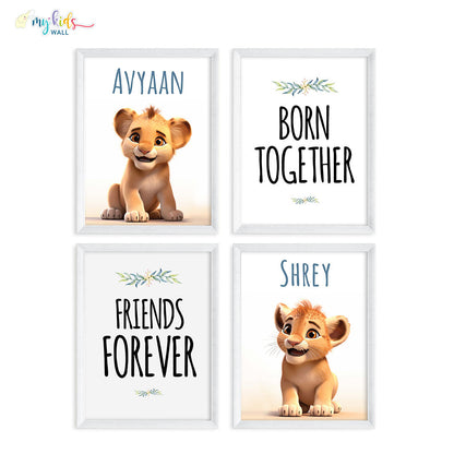Born Together Friends Forever Twin Cubs Personalized Wall Art (Framed Set of 4)