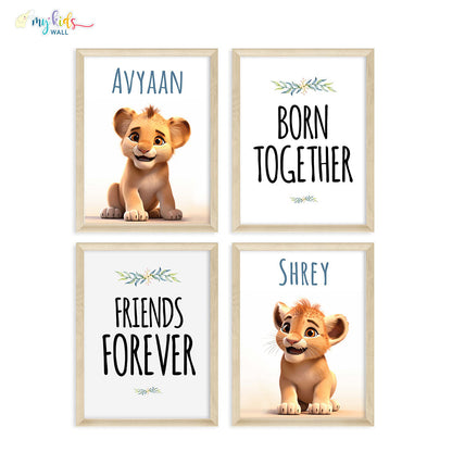 Born Together Friends Forever Twin Cubs Personalized Wall Art (Framed Set of 4)