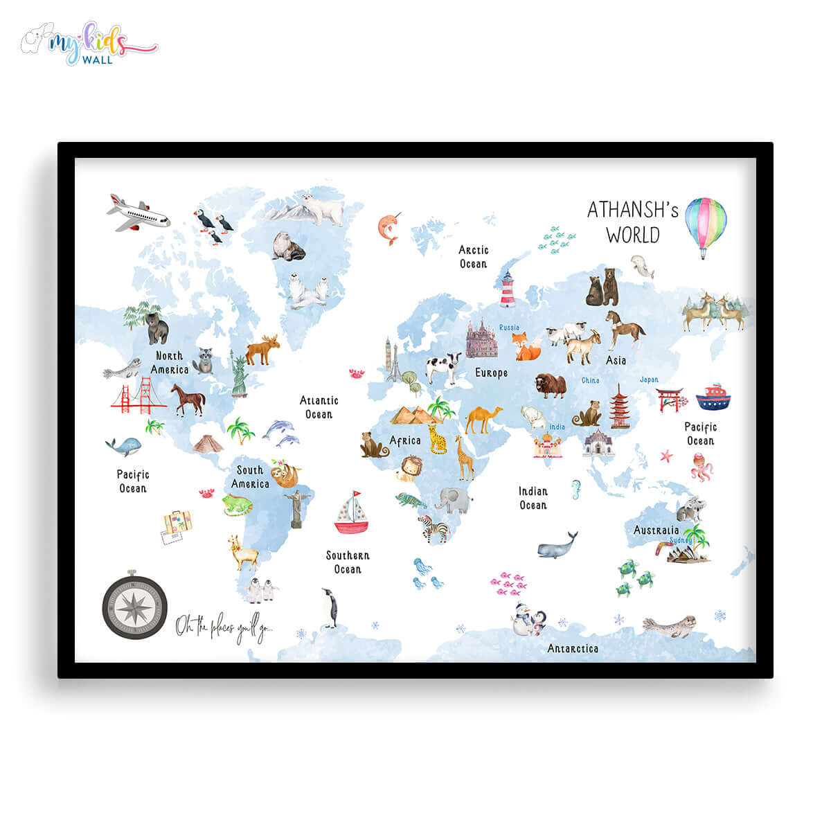 Fun & Learn Blue Animals World Map (Framed)