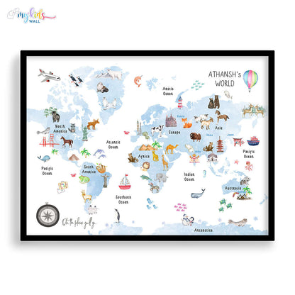 Fun & Learn Blue Animals World Map (Framed)