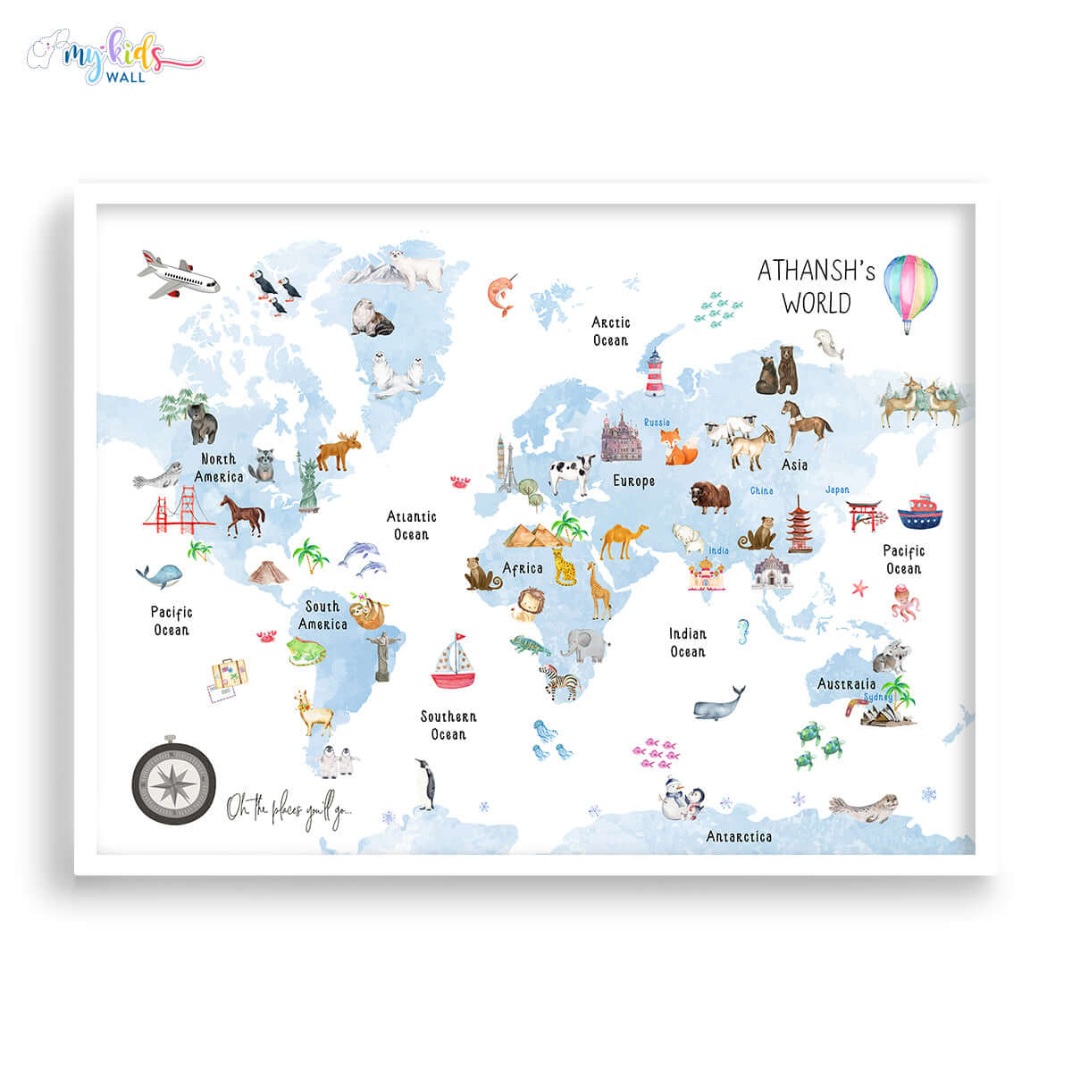 Fun & Learn Blue Animals World Map (Framed)
