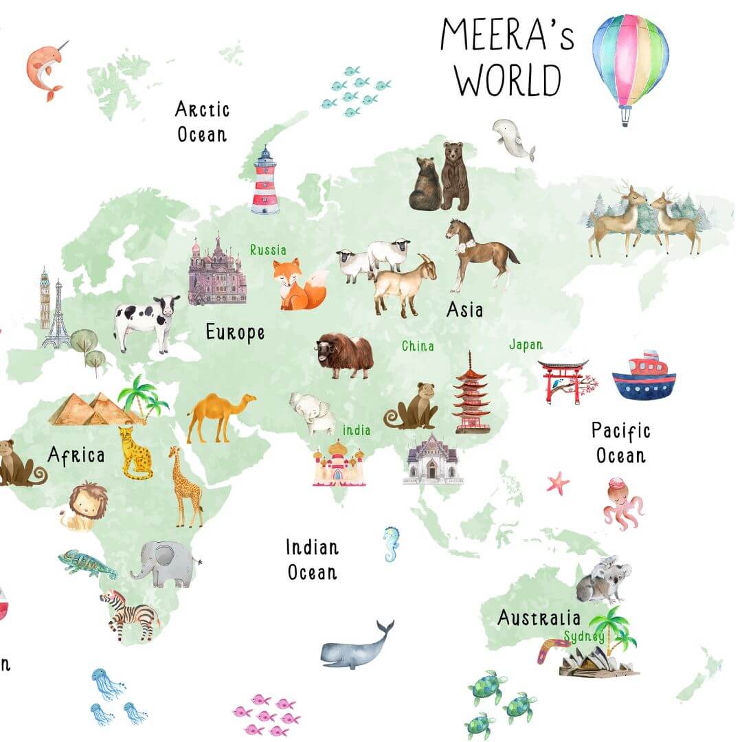 Fun & Learn Green Animals World Map (Framed)