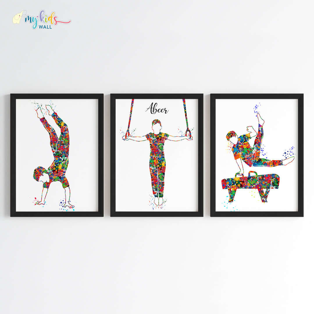 Gymnastic Boy Personalized Wall Art (Framed Set of 3) New