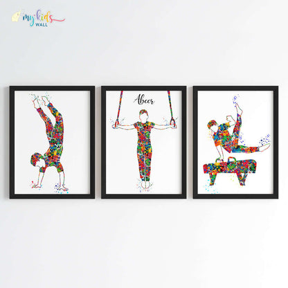 Gymnastic Boy Personalized Wall Art (Framed Set of 3) New