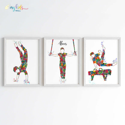 Gymnastic Boy Personalized Wall Art (Framed Set of 3) New