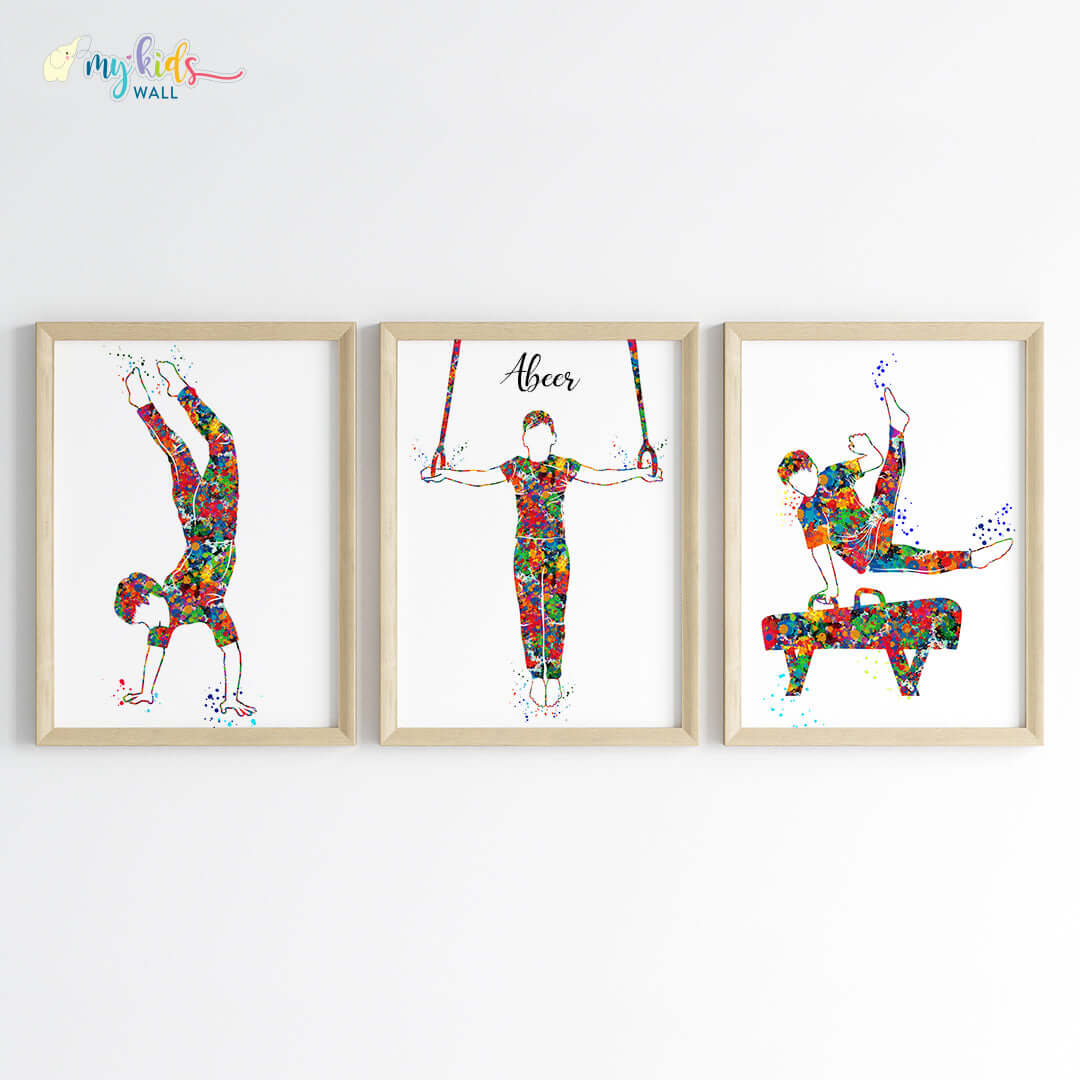 Gymnastic Boy Personalized Wall Art (Framed Set of 3) New
