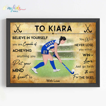 Hockey Player Girl Personalized Motivational Wall Art (Framed)