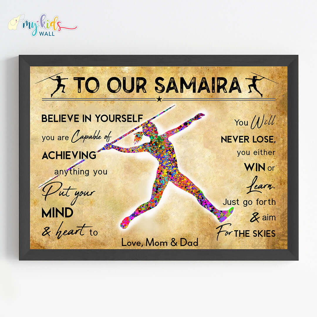 Javelin Thrower Female Personalised Motivational Wall Art (Framed)