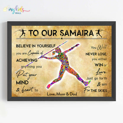 Javelin Thrower Female Personalised Motivational Wall Art (Framed)