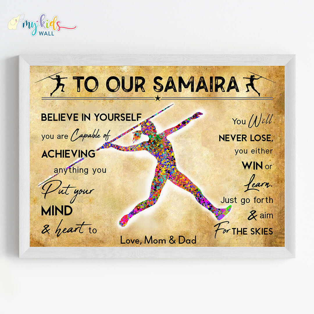 Javelin Thrower Female Personalised Motivational Wall Art (Framed)