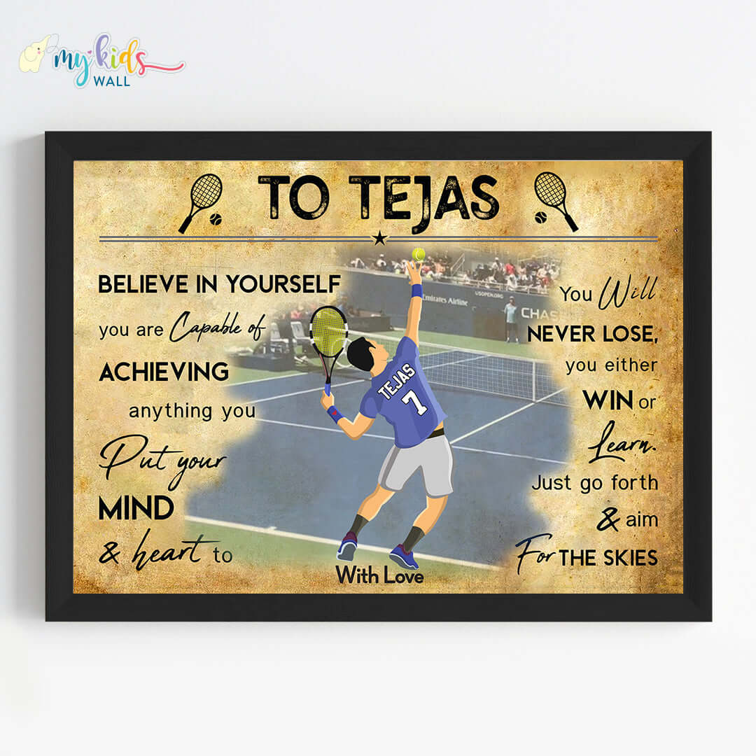 Lawn Tennis Player Boy Personalized Motivational Wall Art (Framed)