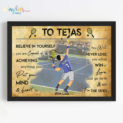 Lawn Tennis Player Boy Personalized Motivational Wall Art (Framed)