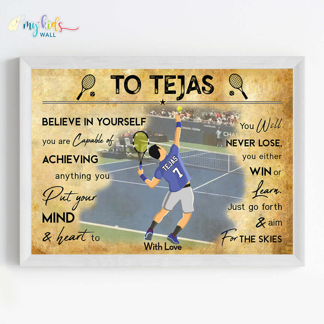 Lawn Tennis Player Boy Personalized Motivational Wall Art (Framed)