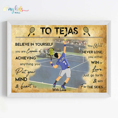 Lawn Tennis Player Boy Personalized Motivational Wall Art (Framed)