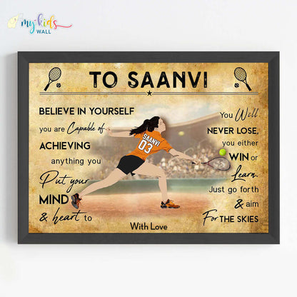 Lawn Tennis Player Girl Backhand Personalized Motivational Wall Art (Framed) New