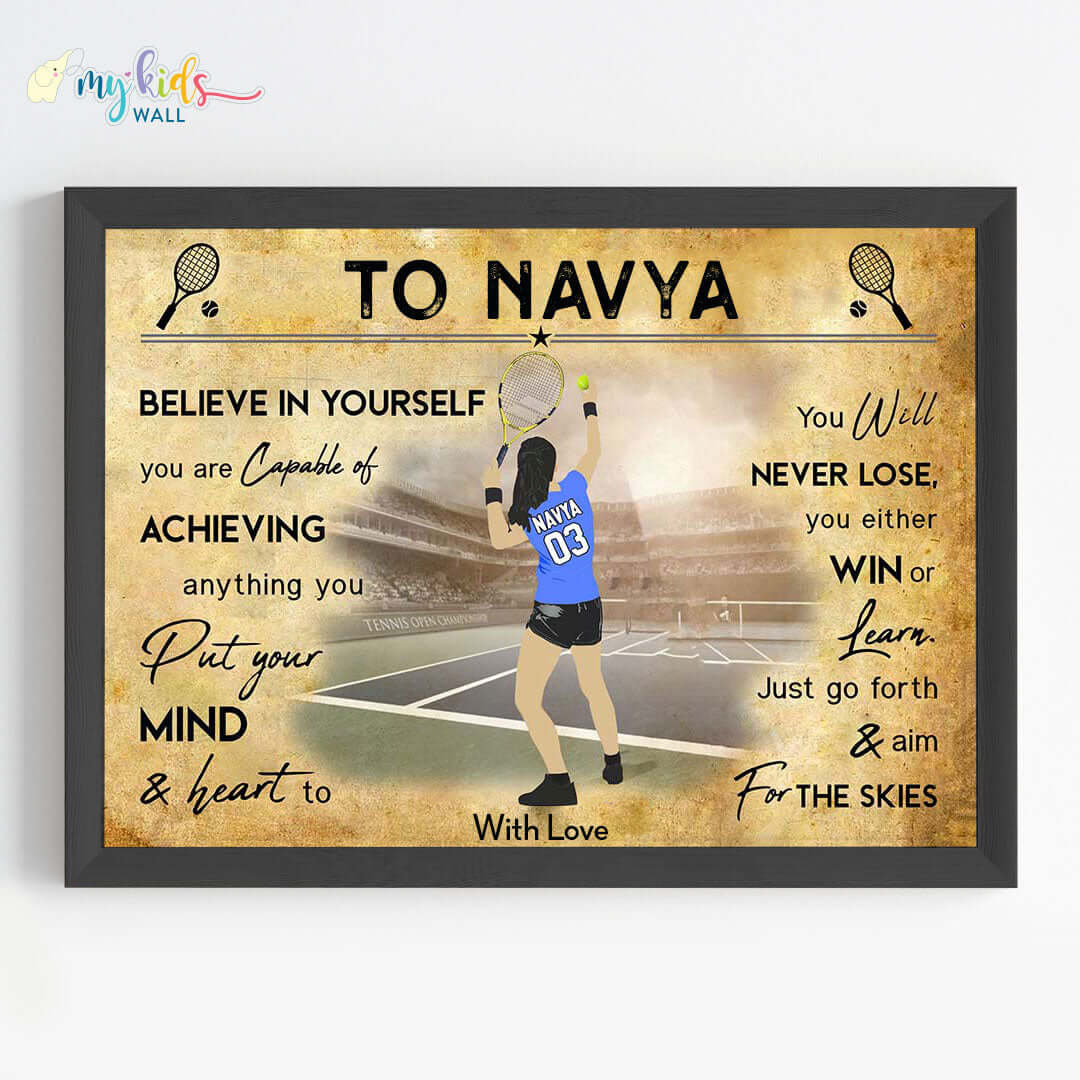 Lawn Tennis Player Girl Personalized Motivational Wall Art (Framed)